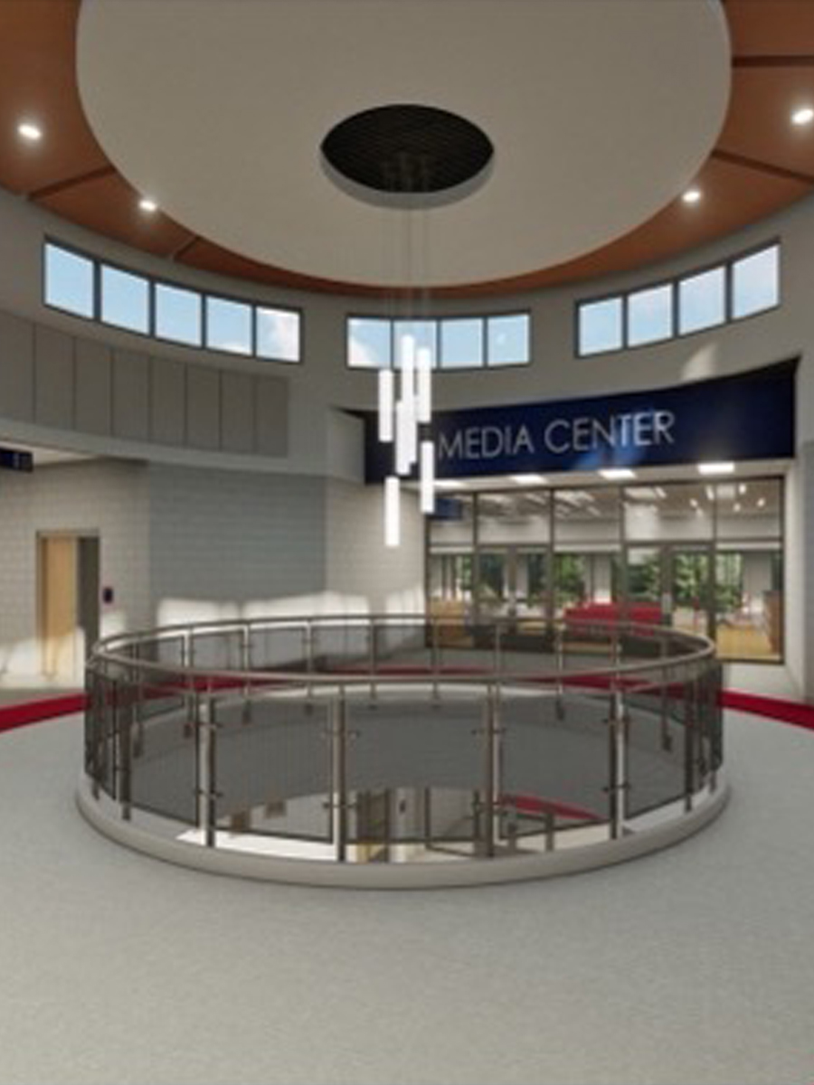 Worthington High School Lobby mockup with media center in background